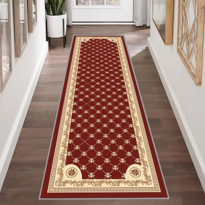 VIKAMA Navy Blue Gold Border European Lattice Floral Runner Rug Non-Slip Washable Soft Floor Mat for Hallway Entryway Home Decor