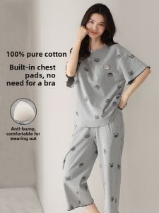 Miiow | Pure Cotton Summer Sleepwear Womens Short Sleeve Seven-Piece Pants Home Clothes Set Soft Breathable With Chest Pad Casual Style