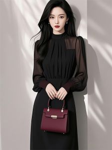 Elegant Black Chiffon Waist-Cinching Dress French Goddess Style High-Quality Commute Wear Polyester Blend Long Sleeve round Neck