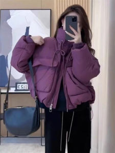 Womens Short Cotton Jacket Winter Thick Warm Bread Style Stand Collar Coat Korean Version Loose Fit Long Sleeve Zipper Pure Color