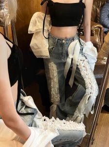 Retro American Lace Splicing Butterfly Knot Jeans Womens Loose Wide Leg Long Pants Spring New Design Casual Washed Denim