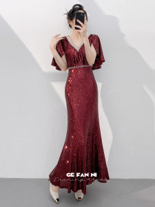 Red Evening Gown Dress Light Luxury Fish Tail Sequin