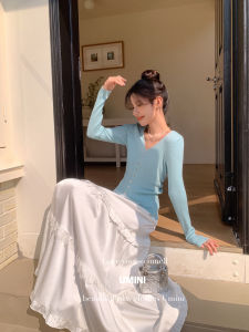 Korean Style Half Skirt with Big Hem Satin Lace Splicing Wooden Edge Ear Flounce Long Fairy Cake Skirt High Waist Polyester Fiber