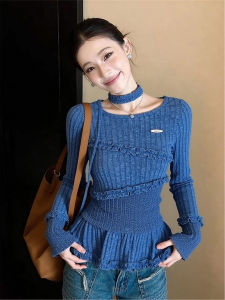 Blue Irregular Scallop Edge Long Sleeve T Shirt Top