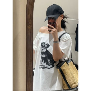 YUEZHONGWEI | Retro American Cartoon Dog Print White Asymmetrical Shoulder Short Sleeve T-Shirt Women Summer Loose Design Shoulder Baring Top