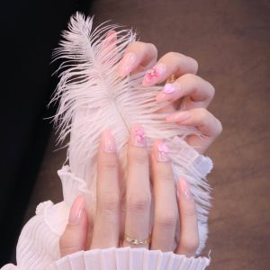 (WITH GLUE) 24PCS Fake Nails Gradient Pink Heart INS long design Wearable Detachable 24片渐变粉桃心INS风长款指甲片可穿戴可拆卸