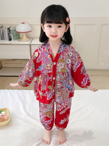 Girls Spring Autumn Cotton Pajamas Set with Big Flower Open Cardigan Long Sleeve Home Clothes Cartoon Style for Kids under 8