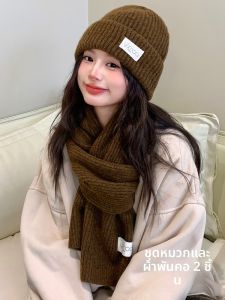 เสื้อผ้าผู้หญิงฤดูหนาว ชุดสองชิ้น หมวกถักหนา ปกป้องหู หน้าเล็ก หมวกอุ่น สายรัดคอ ผ้าถัก ชุดสองชิ้น ชุดสองชิ้น
