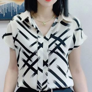 เสื้อเชิ้ตรายริ้วเนื้อผ้าชีฟองน์สำหรับผู้หญิงเสื้อสตรีคอวีเสื้อเชิ้ตแขนสั้น