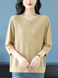 Middle-Aged Ladieswear Autumn Thin 3/4 Sleeve Knitwear Loose Western Style Tops Womens plus Size Silk T-shirt