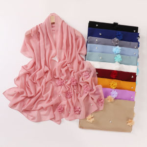 Jifang Solid Handmade Flowers Beads Pearls Decor Plain Bubble Chiffon Long Pashmina Shawls Islam Muslim Hijabs Shawls Head Scarf Tudung WC50