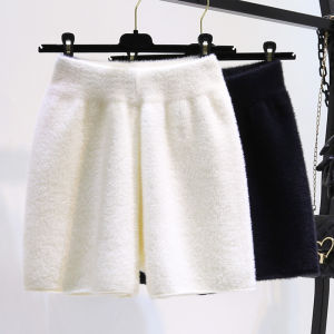 กางเกงขาสั้นถักเอวสูง กางเกงขายาวทรง a ขากว้างผ้าขนสัตว์สำหรับฤดูใบไม้ร่วงและฤดูหนาว กางเกงขายาวแบบสวมหัวสำหรับผู้หญิง