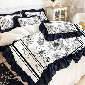 2025 New Impressionist Floral Flocking Four-Piece Set Black Lace Bedding Duvet Cover Country Style Bedding Sheets