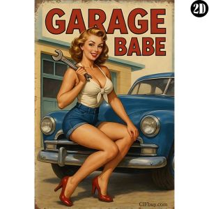 HelloYoung | English: 8x12in Vintage Tin Sign "GARAGE BABE" Pin-Up Girl 2D Iron Art Poster Retro Wall Decor for Auto Shop Garage & Bar