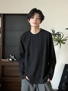 เสื้อสเวตเตอร์คอกลมแขนยาวผ้าฝ้ายแท้สีดำสำหรับผู้ชาย ฤดูใบไม้ร่วง/ฤดูหนาว เสื้อเชิ้ตชั้นในน้ำหนักหนักสไตล์อเมริกันสำหรับเยาวชน