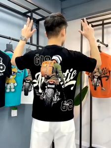 Mens Short Sleeve T-shirt 2024 Summer New Fashion Brand Fashion Black Versatile and Handsome Round Neck Casual Pure Cotton T-shirt Slim Fit Half Sleeve Men