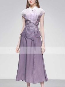 Bộ Váy Hai Mảnh Thời Trang Mùa Hè Mới Cho Nữ Váy Chữ a Cạp Cao Xếp Ly Màu Tím Chuyển Biến Dài Tay Không Eo Thắt Lưng