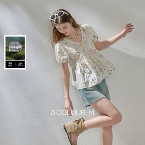 3COLOUR·S | Floral Peter Pan Collar Puff Sleeve Cotton Shirt