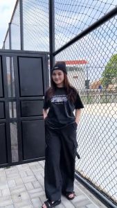 KAOS T SHIRT WASHING BLACK TRANQUIL FACE WITH OWL x JOIS PANTS CARGO DRILL