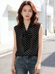 BALENO | Sleeveless V-Neck Reversible Fashion Polka Dot Chiffon French Style Shirt