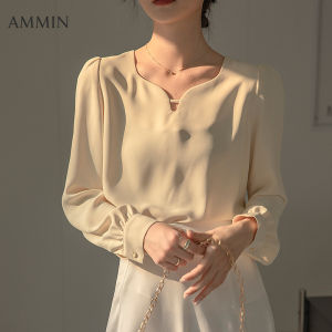 Ammin 2023 mùa thu mới pháp cổ thả cổ điển thời trang không thường xuyên cổ chữ V thời trang tay áo dài đi lại áo cánh vải voan phong cách Hàn Quốc cổ điển xù tay áo phồng Áo Blouse thanh lịch màu trơn đơn giản