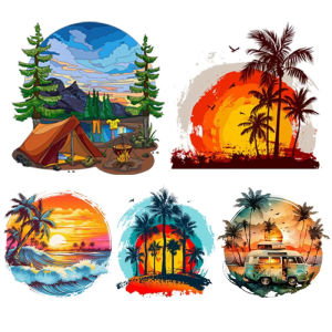 2pcs Outdoor Camping Sunrise Sunset Scenery DTF Sticker Heat Transfer Clothing Sticker Ironing DIY T-Shirt Washable Vinyl Patch