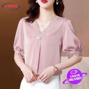 Z-ONER Blouse for Women Ice Silk Chiffon Shirt V-neck Blouse
