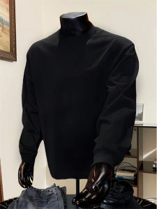 Cleanfit Mens Black round Neck Sweatshirt Warm Base Layer Shirt Small Collar Heavyweight Inner Wear Casual Long Sleeve T-Shirt