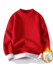 ROMON | Red Fleece-Lined Round Neck Knitwear For Men By Romon Winter Fashion Casual Loose Fit Long Sleeve Thermal Comfortable Sweater