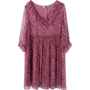 Miccbeirn | Miccbeirn Silk V-neck Midi Dress Floral Print Gentlewoman Style Chinese Silk Charmeuse A-line Dress Summer Season