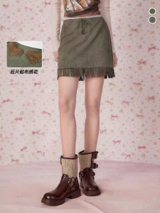 SEENFAAN | Pure Desire Short A-Line Skirt With Tassel Hemline Patchwork Embroidery Design Bodycon Mini Skirt Street Style Polyester Fiber