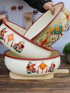 Large Size Enamel Antique Bowl Thickened Home Use Chinese Style Soup Bowl Salad Bowl Rice Serving Dish round Shape Enamelware