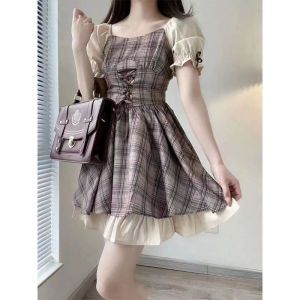 Slimming Plaid Bubble Sleeve Summer Dress High Waist Short Skirt Fake Two-Piece School Style Fairy Tale Princess Dress