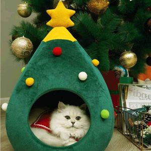 LovinlandPet Cat Christmas Tree House Warm Kitten Cave House with Removable Comfortable Round Cushion Pet Teepee Xmas Puppy Kennel in Winter