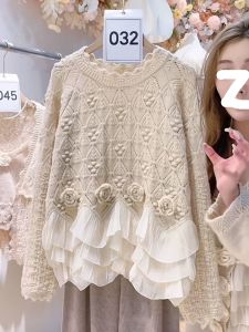 Korean Style Sweet Rose Embroidery Knitwear Womens Autumn Winter New Fashion Leaf Edge Design Loose Fit round Neck Sweater