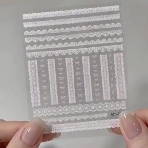 1Pcs 5D Embossed White Lace Pink Bow Nail Sticker Retro Laces Stripe Self-Adhesive Nails Decals Ballet Wedding Manicure Decor NK