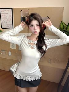 French Vintage Long Sleeve White T-Shirt Womens Romantic Gentle Style Versatile Slim Design Unique Personality Top