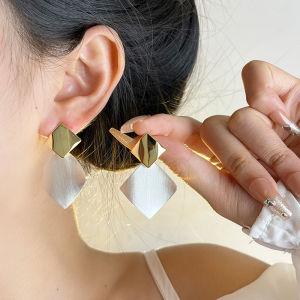 Trendy Geometric Rhombus Earrings for Women 925 Silver Needle Brushed Finish Fashionable Hoop Earrings Fresh out Style