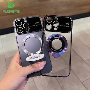 FLOVEME Large Window Magsafe Clear Phone Case For iphone 14 13 12 11 Pro Max 14 Plus Plating Wireless Charging Bracket Stand All-inclusive Transparent Hard PC Back Cover For iphone 14 13 12 11