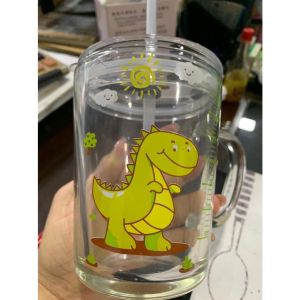 Cangkir Susu Anak Bermotip Kartun Gelas Kaca Susu Sedotan 4S6