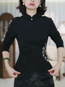 QINGNAER | Mandarin Collar Embroidered Black Fitted Shirt Womens Plus Size