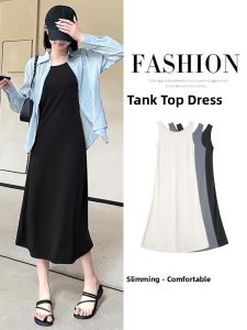 LANGPIN | Casual Simple Draped Knitted Dress Womens Mid-Length Inner Wear Summer Slimming Vest Dress Polo Collar Polyester Fiber