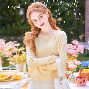 HEYINI | Áo Sweater cổ vuông màu vàng nhạt kiểu Pháp