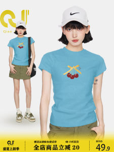 Blue Cherry Print Short Sleeve T-Shirt Womens Summer Slim Fit Short Style Top American Style Commute Simple Style Pure E-commerce