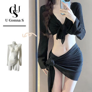 ชุดว่ายน้ำบิกินี่ชุดสวมใส่ชายหาดเซ็กซี่สำหรับผู้หญิง4ชิ้น2024สไตล์ใหม่พร้อมปกปิดแขนยาวเอวสูงน่ารักแฟชั่นกีฬายืดได้