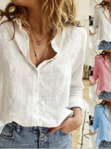 Loose Long Sleeve V-neck Solid Color Womens Shirt Street Style Slim Fit Shirt Pure Color Long Sleeve Loose Fit V-neck Shirt