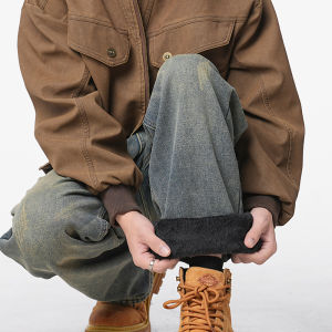 Mens Fleece Lined Bootcut Jeans mid Waist Washed Casual Thickened Straight Leg Warm Winter Fashion Youth Popular Cotton Denim