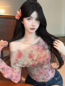 GUZILIAN | French Floral Lace Thin Printed Shoulder T-Shirt Summer Sweet And Spicy Girl Design Unique Sun Protection Top Korean Style Long Sleeve Knitted Short Length