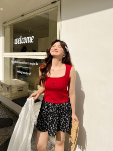 DM100 plus Size Womens Summer Slimming Embroidered U-Neck Strap Vest Conceals Side Fat Red Color Casual Fit Short Sleeve Top