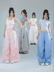 Street Style Star Embroidery Wide Leg Pants Loose Fit Slimming